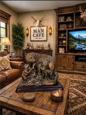 Heavy Bronze Grizzly Mama Bear & Cubs Sculpture/Statue Animal Wildlife Figurine